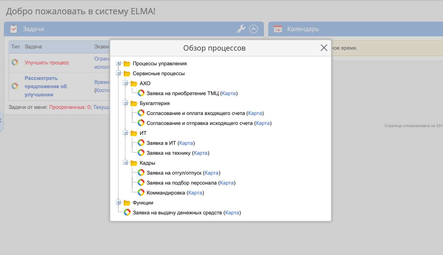 Пример каталога сервисов поддержки в BPM-системе ELMA